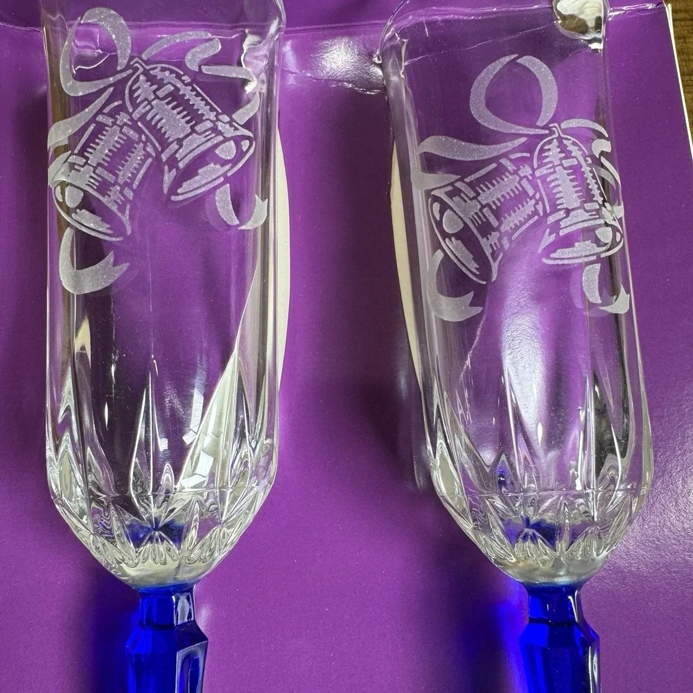 Vtg NOS Rawcliffe Bride & Groom Champagne Flutes Cobalt Blue Stems Wedding Bells